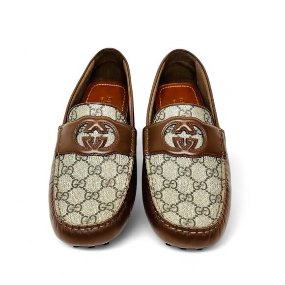 NIB Gucci Men Loafer 8.5 US 9 Brown GG Supreme Canvas Leather Driver Moccasins - Picture 5 of 12